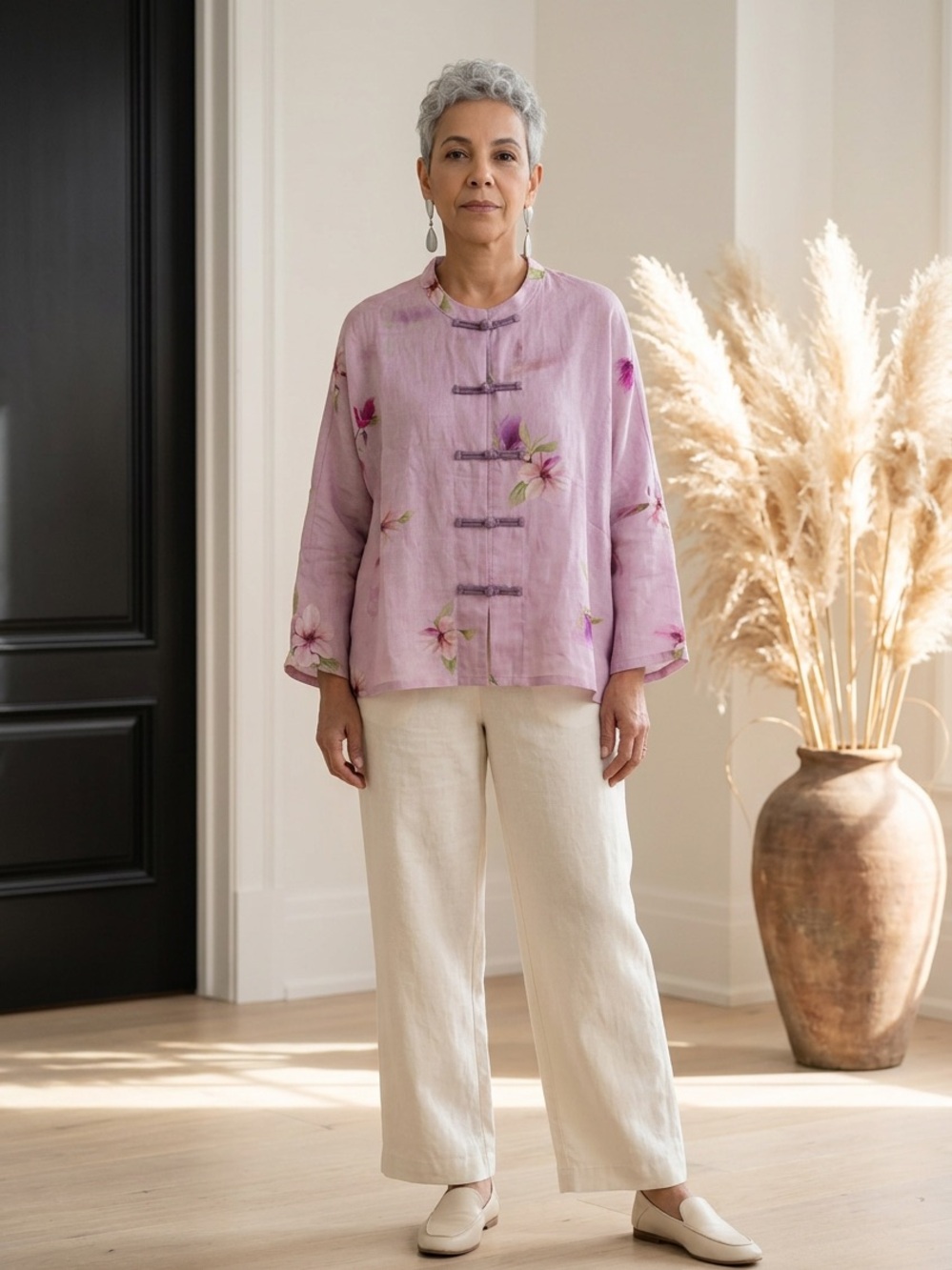 Sheer Pink Floral Mandarin Button Blouse